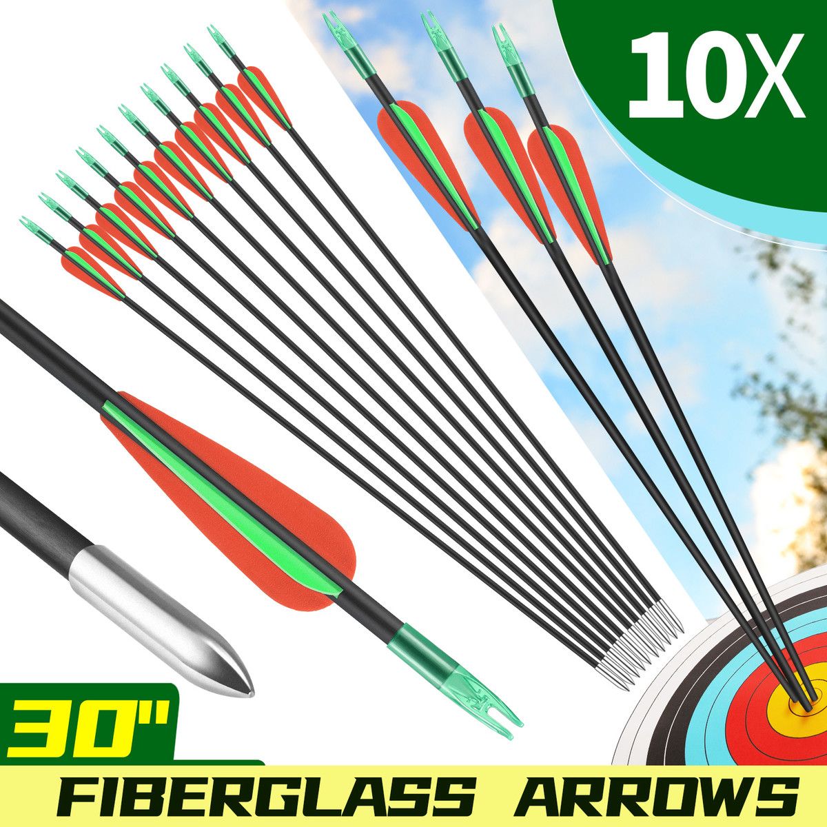 10x Fiberglass Arrows 76.2cm Archery Target Shooting Practice 18-42lb Compound Recurve Bow Youth Beginners Dia. 6mm
