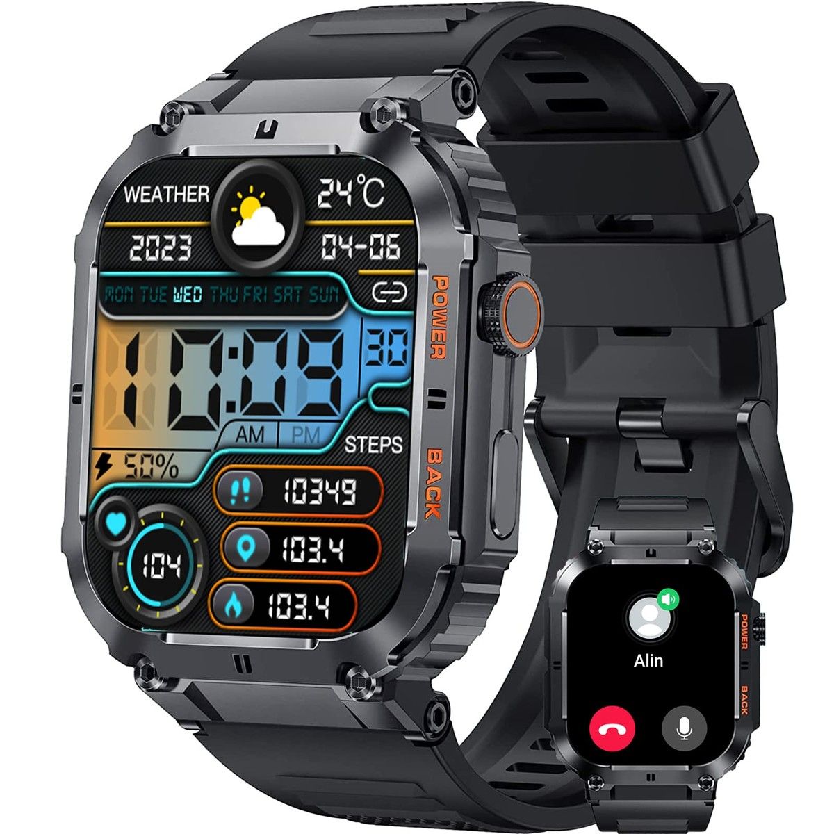 Smart Watch,100M Waterproof Rugged Smartwatch with Bluetooth Call 2 inch Utral Large HD Display 70 Days Extra Long Battery Life,100+ Sports Modes (Black)