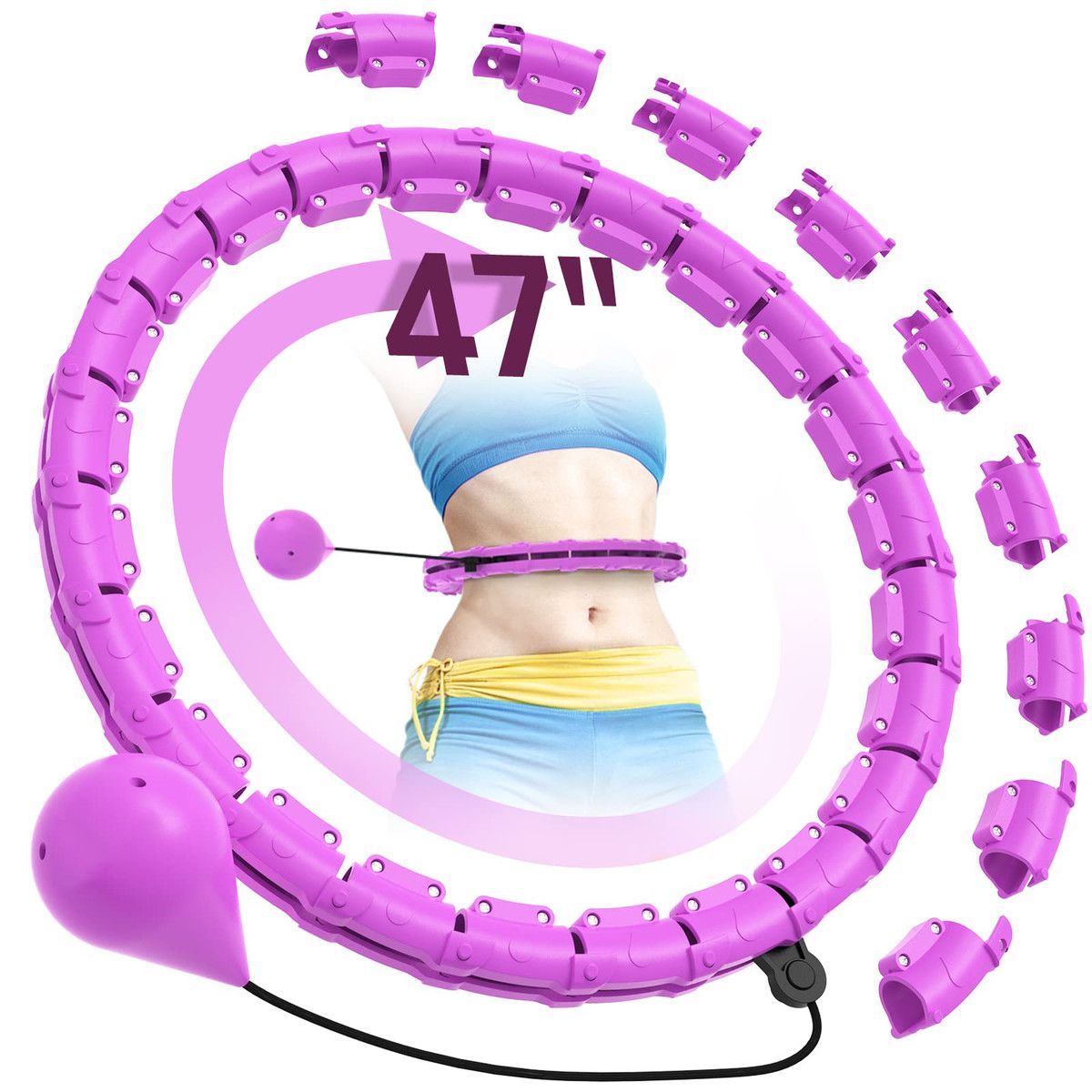 Weighted Hula Circle Hoops,Infinity Hoop Fit Plus Size 47 Inch,24 Detachable Links,Exercise Hoola Hoop Suitable (Purple)