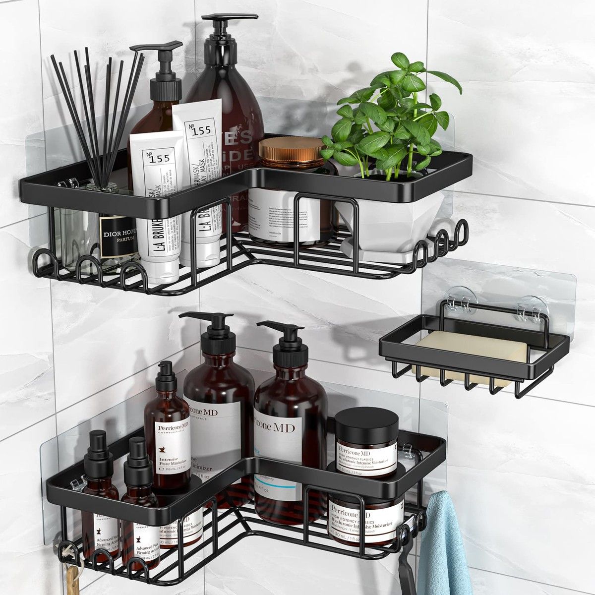 Corner Shower Caddy,Adhesive Shower Caddy with Soap Holder and 12 Hooks,Rustproof Stainless Steel Bathroom Shower Organizer,No Drilling Wall Mounted Shower Rack (3Pack)