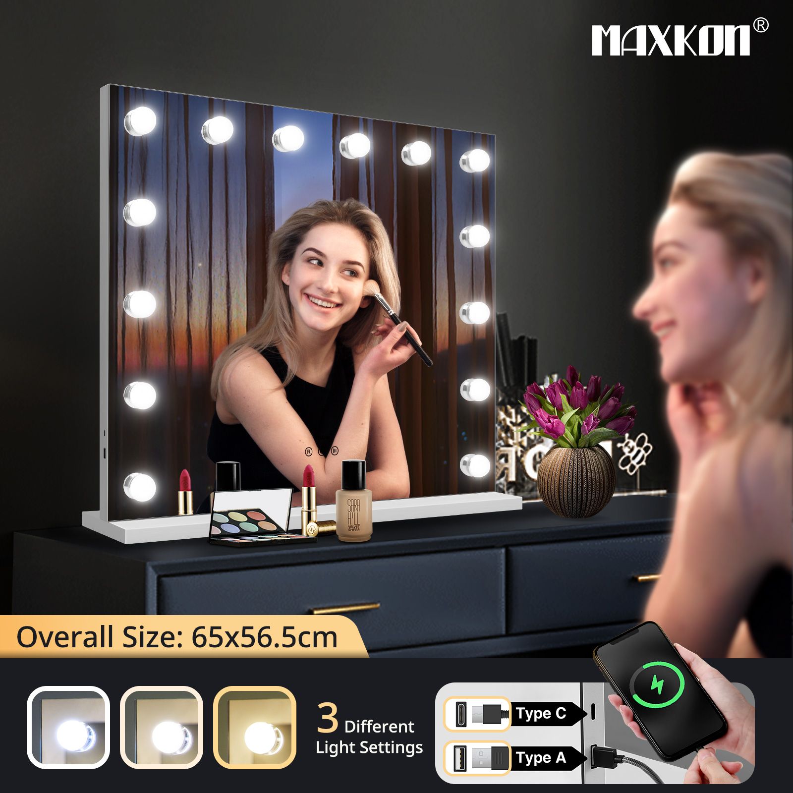 Makeup Mirror with Lights 14 LED Hollywood Style Vanity Lighted Desk Dressing Table Beauty Touch