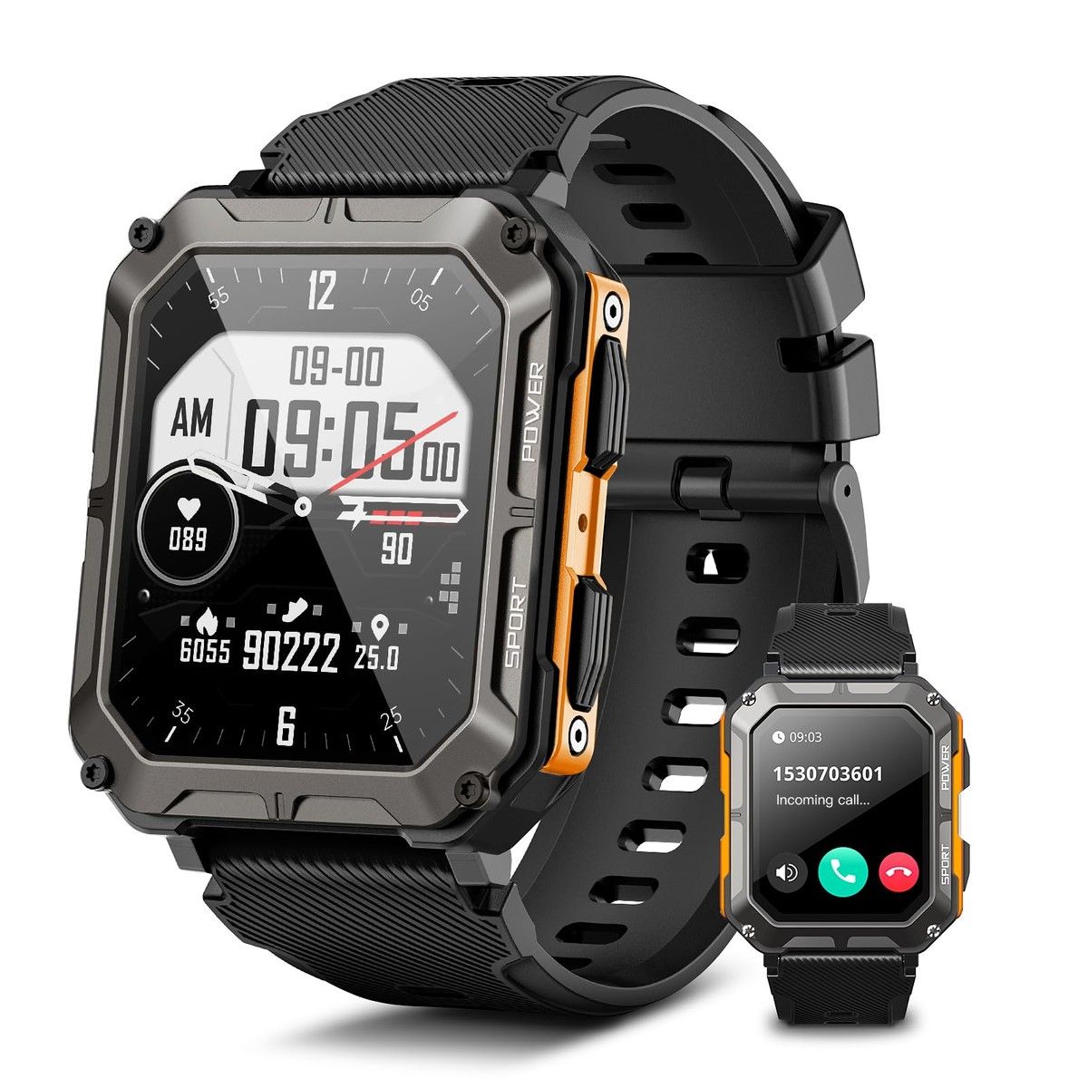 Smart Watch for Men Bluetooth Call,IP68 Waterproof Outdoor Tactical Rugged Smartwatch,1.83In HD Fitness Tracker Watch with Heart Rate Sleep Monitor for iOS Android Phone (Orange)