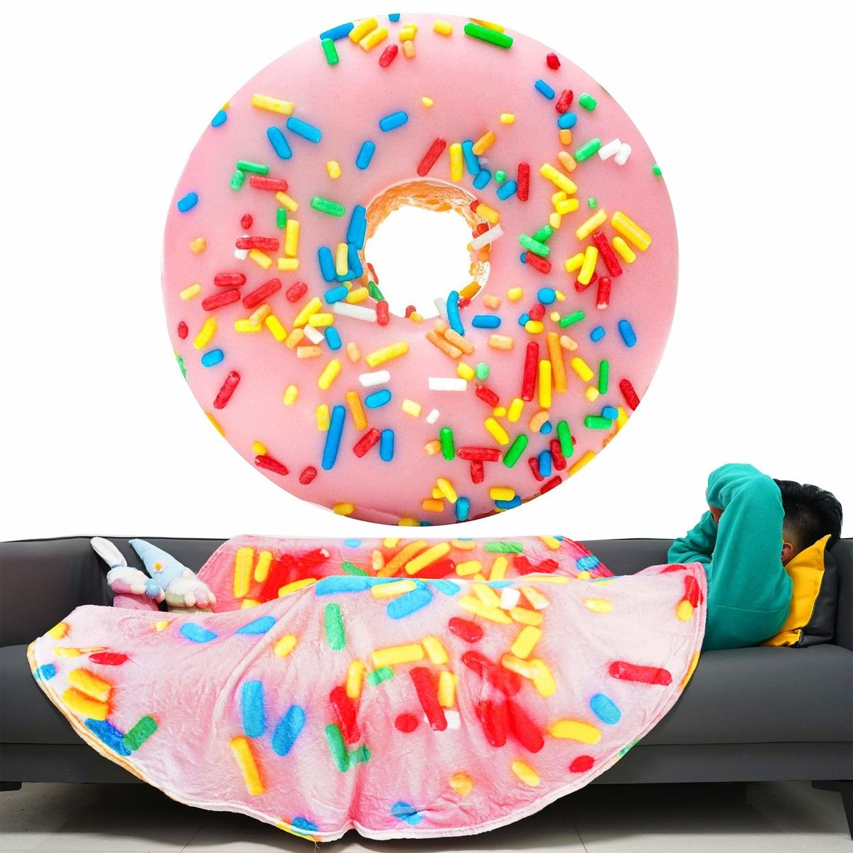 1pc Funny Warm Food Blanket Collection (Pink Donut), Lightweight Cozy Plush Blanket For Bedroom Living Rooms Sofa Couch Size 150cm