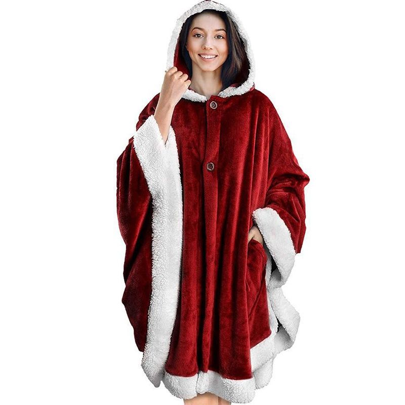 Hooded Cape Casual Lazy Blanket Double Pockets Soft Plush Cape Women'S Quilted Coat