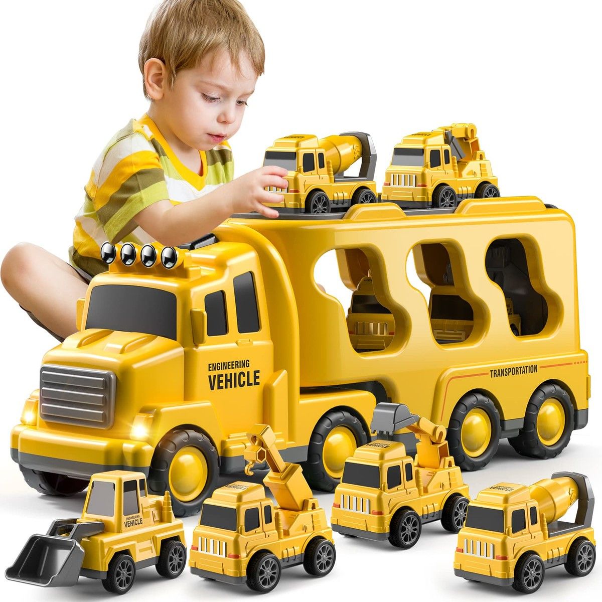 Construction Toddler Truck Toys,5-in-1 Friction Power Vehicle Car Toy,Carrier Truck Toys,Christmas Birthday Gifts,Age 3+