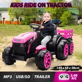 Kids Electric Off Road Ride On Toy Tractor Trailer Parental Remote Control Pink 12V Battery MP3 Safety Belt LED Light