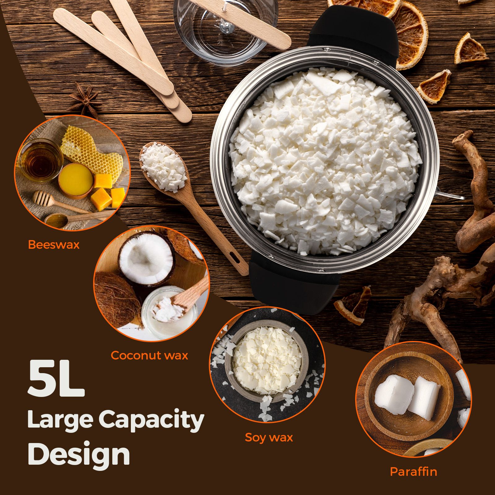 Electric Wax Melter 5L Candle Making Melting Pot Furnace Spout Soy Bees Soap Home Commercial Maker Machine 1800W Temperature Control