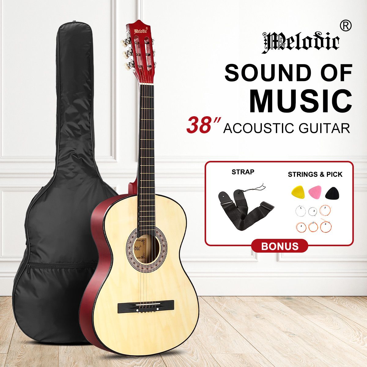 Melodic 38 Inch Folk Dreadnought Acoustic Guitar Pack Classical Cutaway Natural Wood