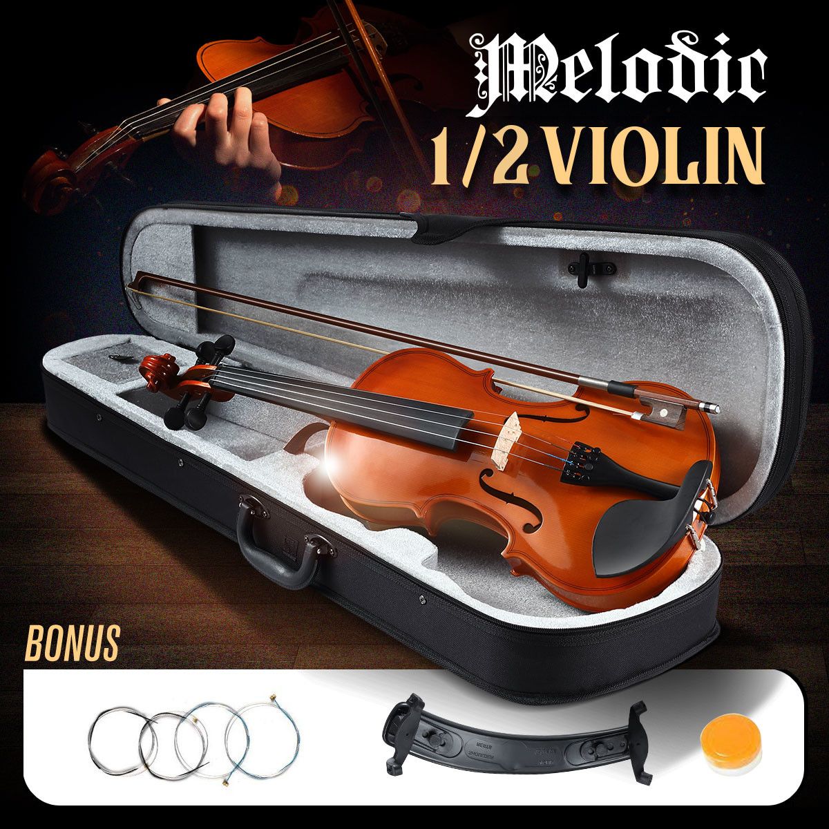 1/2 Acoustic Violin Kit 4 Strings Natural Varnish Finish w Case Bow Rosin Melodic