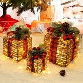 Set of 3 Christmas Rattan Lighted Gift Boxes,60 LED Christmas Box Decorations,Presents Boxes with Ribbon Bows for Xmas Tree,Yard,Home,Indoor Outdoor Christmas Decorations (Rattan)