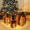 Set of 3 Christmas Rattan Lighted Gift Boxes,60 LED Christmas Box Decorations,Presents Boxes with Ribbon Bows for Xmas Tree,Yard,Home,Indoor Outdoor Christmas Decorations (Rattan)