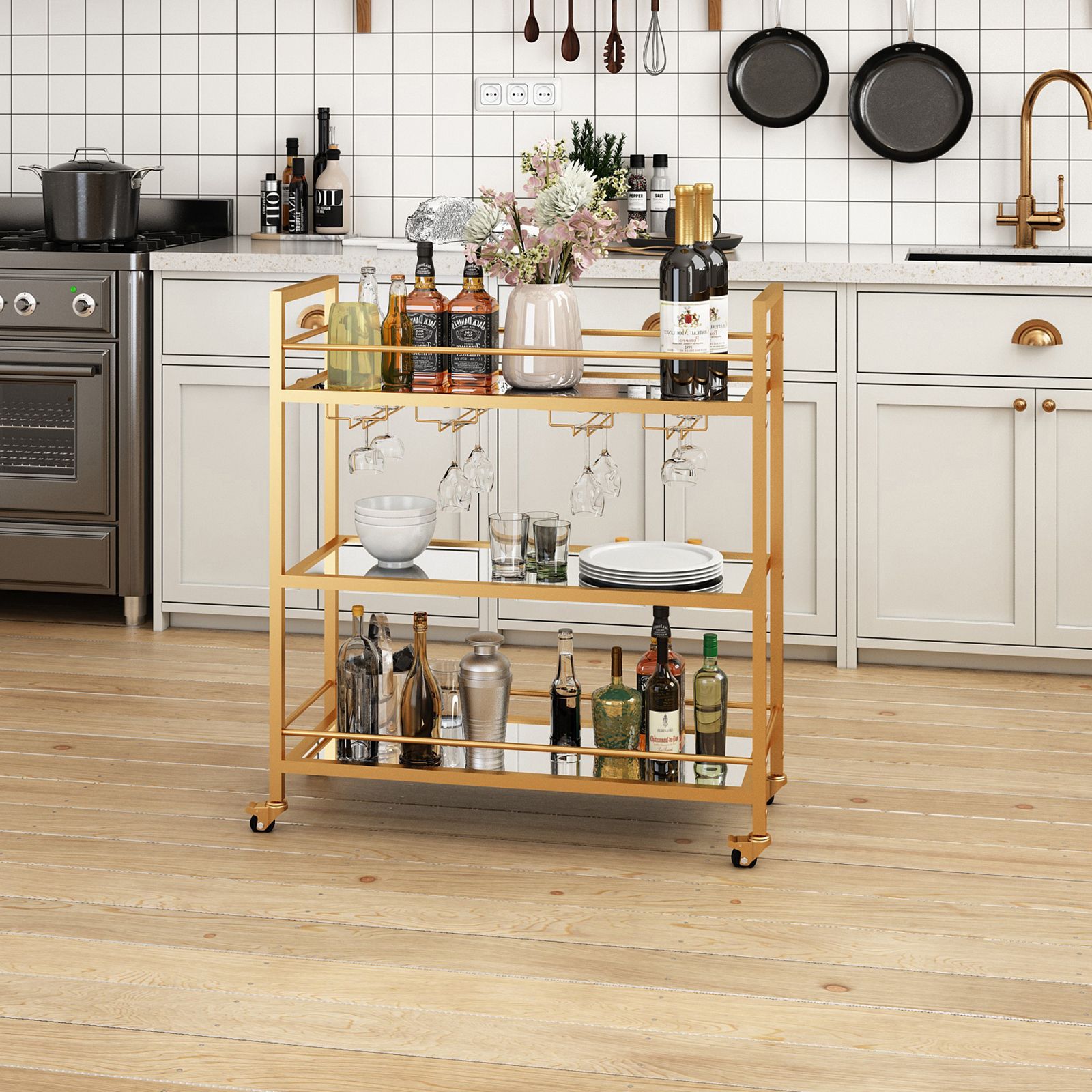 Bar Cart Wine Rack Drinks Trolley Glass Holder Gold Bottle Storage