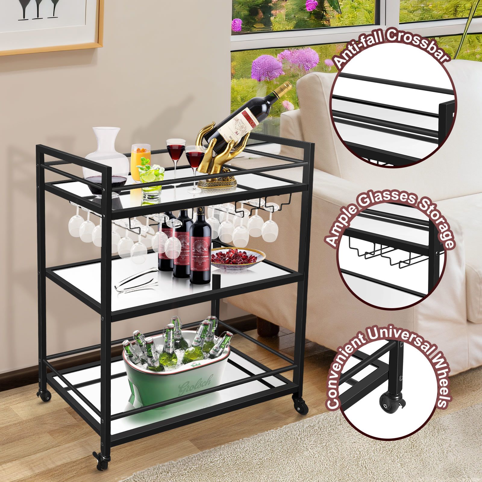 Bar Cart Wine Rack Drinks Trolley Glass Holder Bottle Storage Liquor