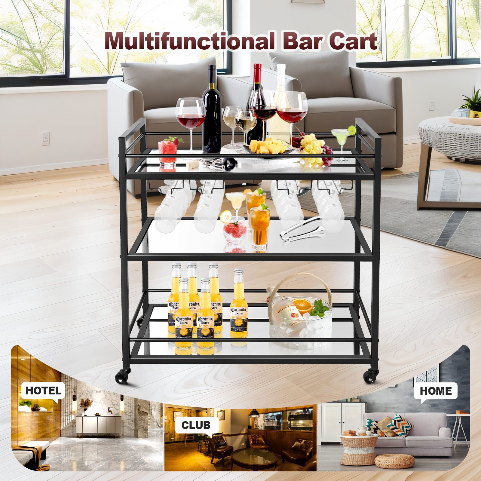Bar Cart Wine Rack Drinks Trolley Glass Holder Bottle Storage Liquor