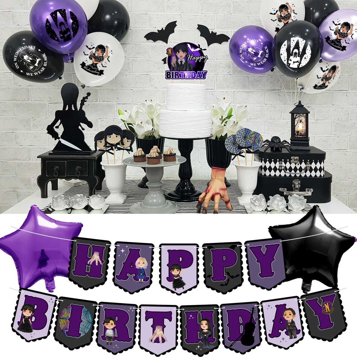 Wednesday Addams Children's Birthday Party Background Decoration Banner Tableware Balloon Flags Party Supplies Site Layout halloween party decorations