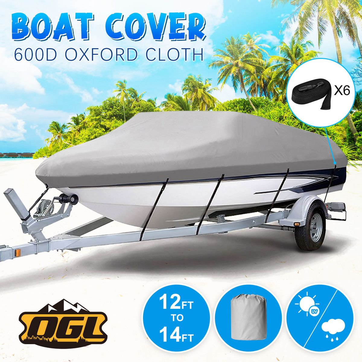Trailerable Boat Cover 12-14ft Waterproof Marine Grade Fabric Heavy Duty Protector Jumbo V hull Fishing UV Resistant OGL