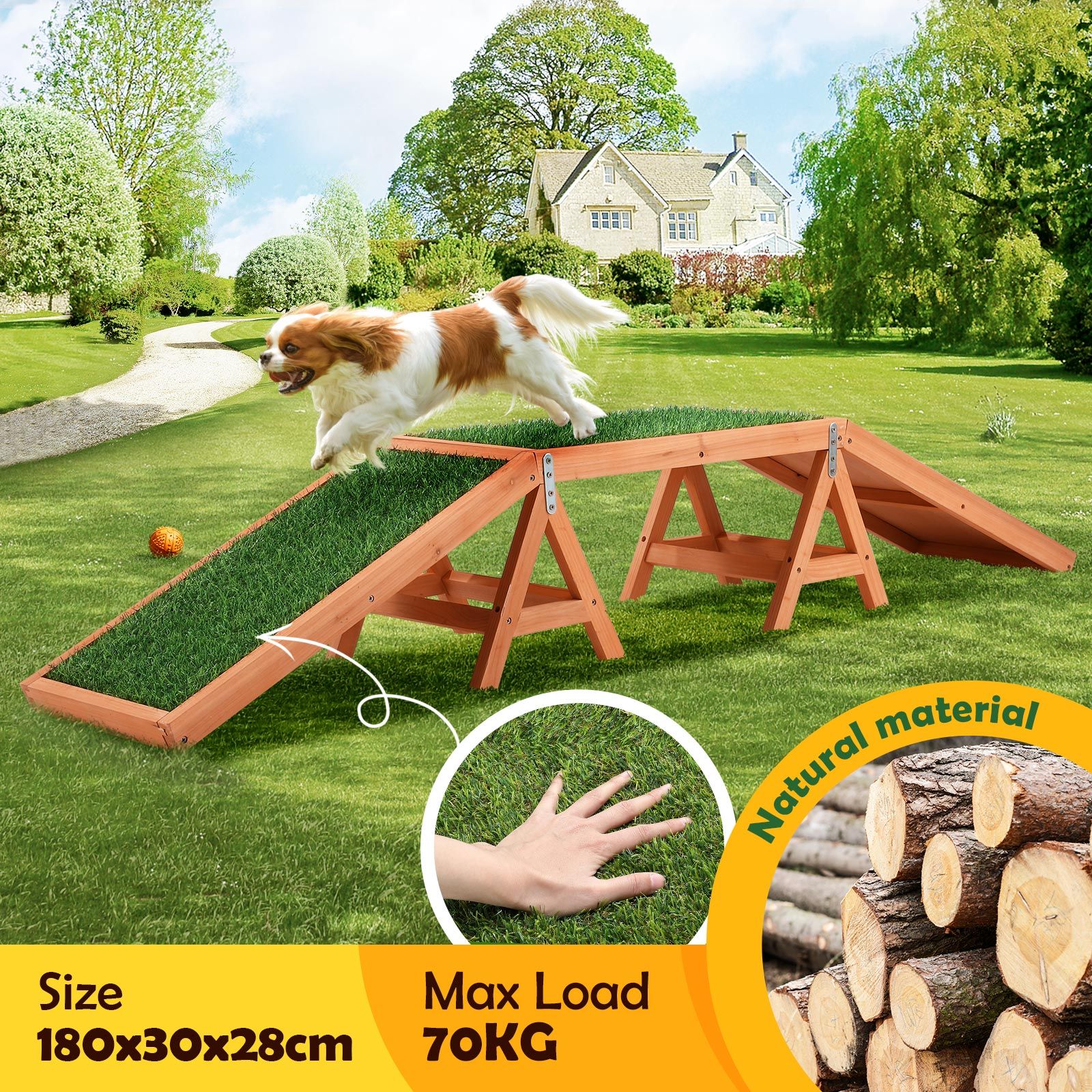 Petscene Dog Agility Ramp Puppy Obedience Training Sports Obstacle Exercise Outdoor Play Equipment Wooden Artificial Grass