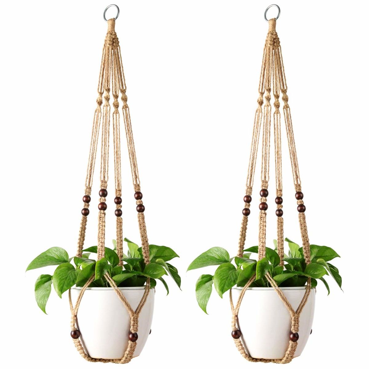 Macrame Plant Hanger Indoor Hanging Planter Basket with Wood Beads Decorative Flower Pot Holder No Tassels for Indoor Outdoor Boho Home Decor 90cm/35Inch,Brown,2Pack (POTS NOT Included)