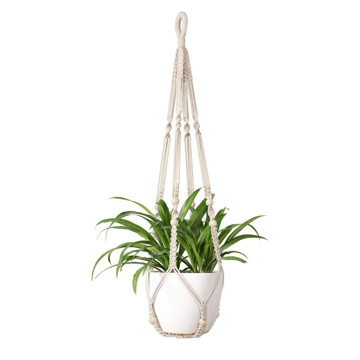 Macrame Plant Hanger Indoor Hanging Planter Basket with Wood Beads Decorative Flower Pot Holder No Tassels,90cm/35Inch,Ivory,1pcs (POTS NOT Included)