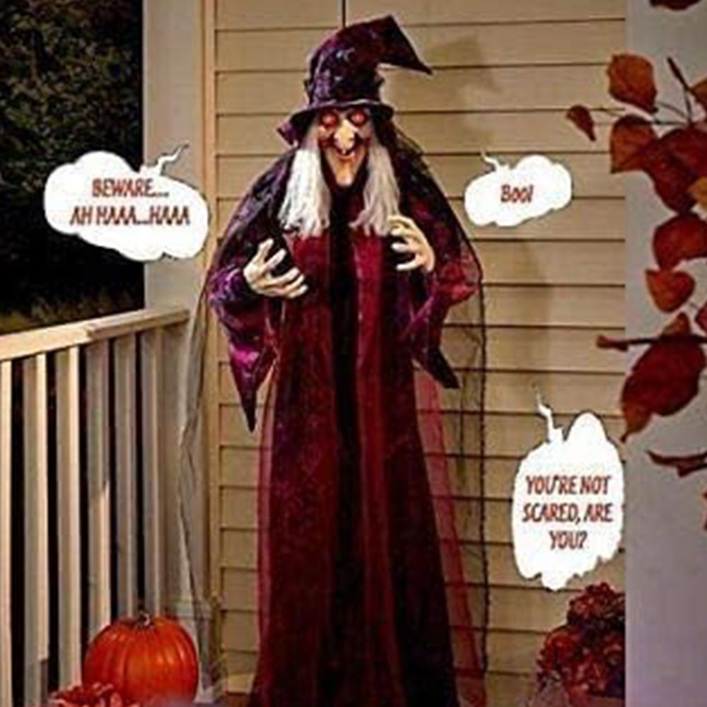 Animated Life-Size Talking Witch Halloween Decor with Sound Activated Red Eyes for Indoor Outdoor Hanging