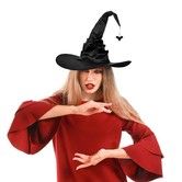 Women Halloween Witch Hat Black Pleated Wizard Hat Bat Hat with Bat Pendant for Halloween Cosplay Party Costume