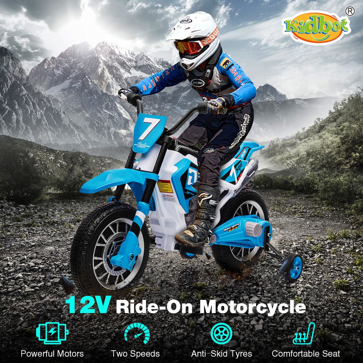 Kids Off Road Ride On Toy Electric 12V Battery Powered Bike Sport Pedal Bicycle Training Wheels High Low Speeds Blue