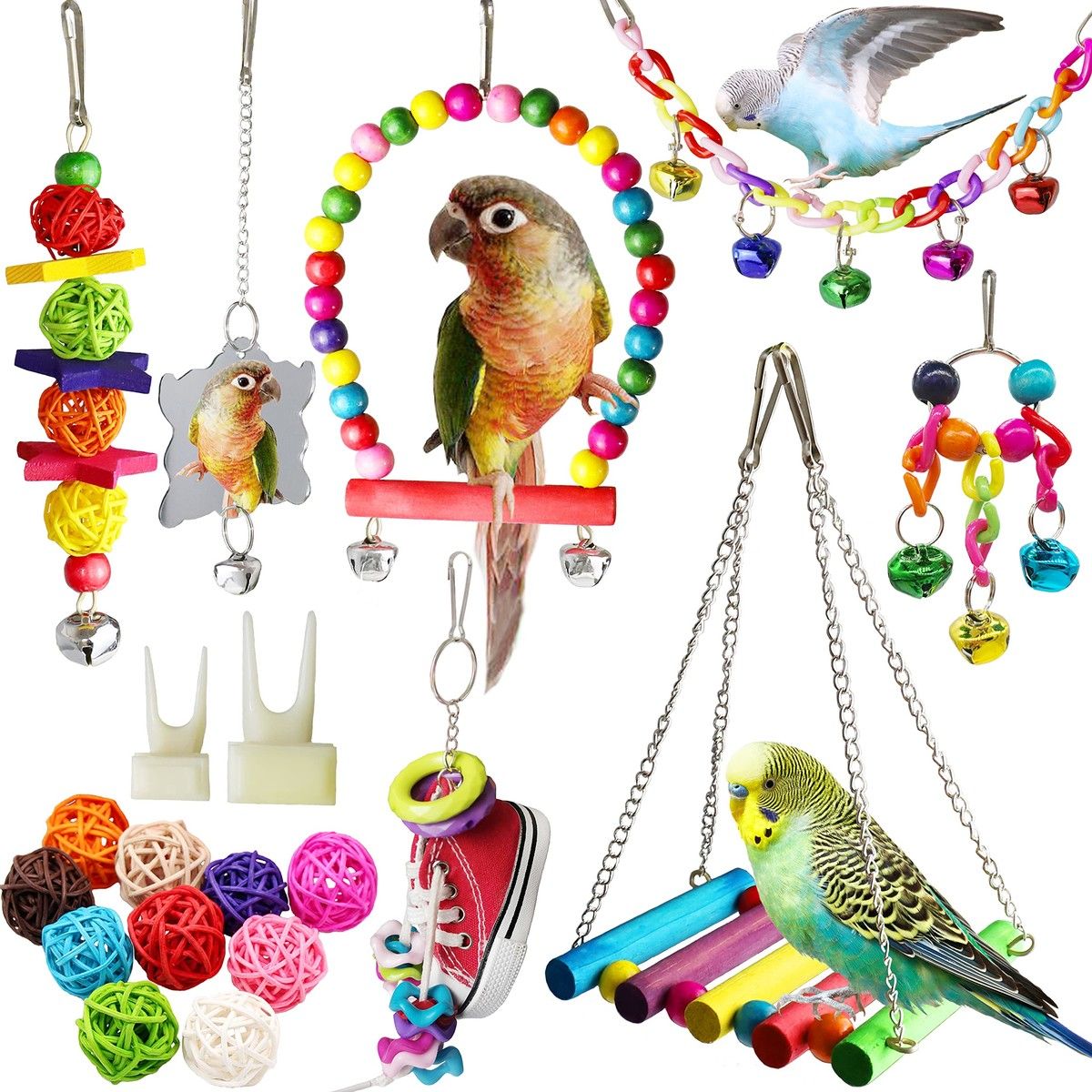 19 Pcs Pet Bird Parakeet Cockatiel Toys Cage Swing Hammock Shoe Chewing Toy Hanging Bell Wooden Perch for Conures Love Birds Finches Budgie
