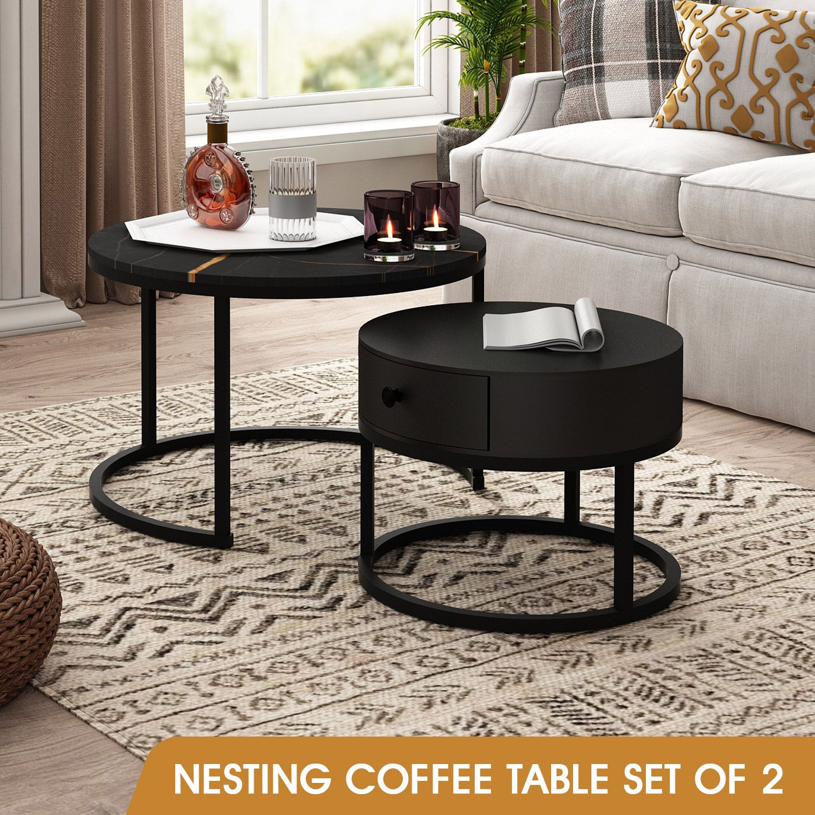 2 Round Coffee Table Set Nesting Bedside Lamp Sofa Side End Tea Modern ...