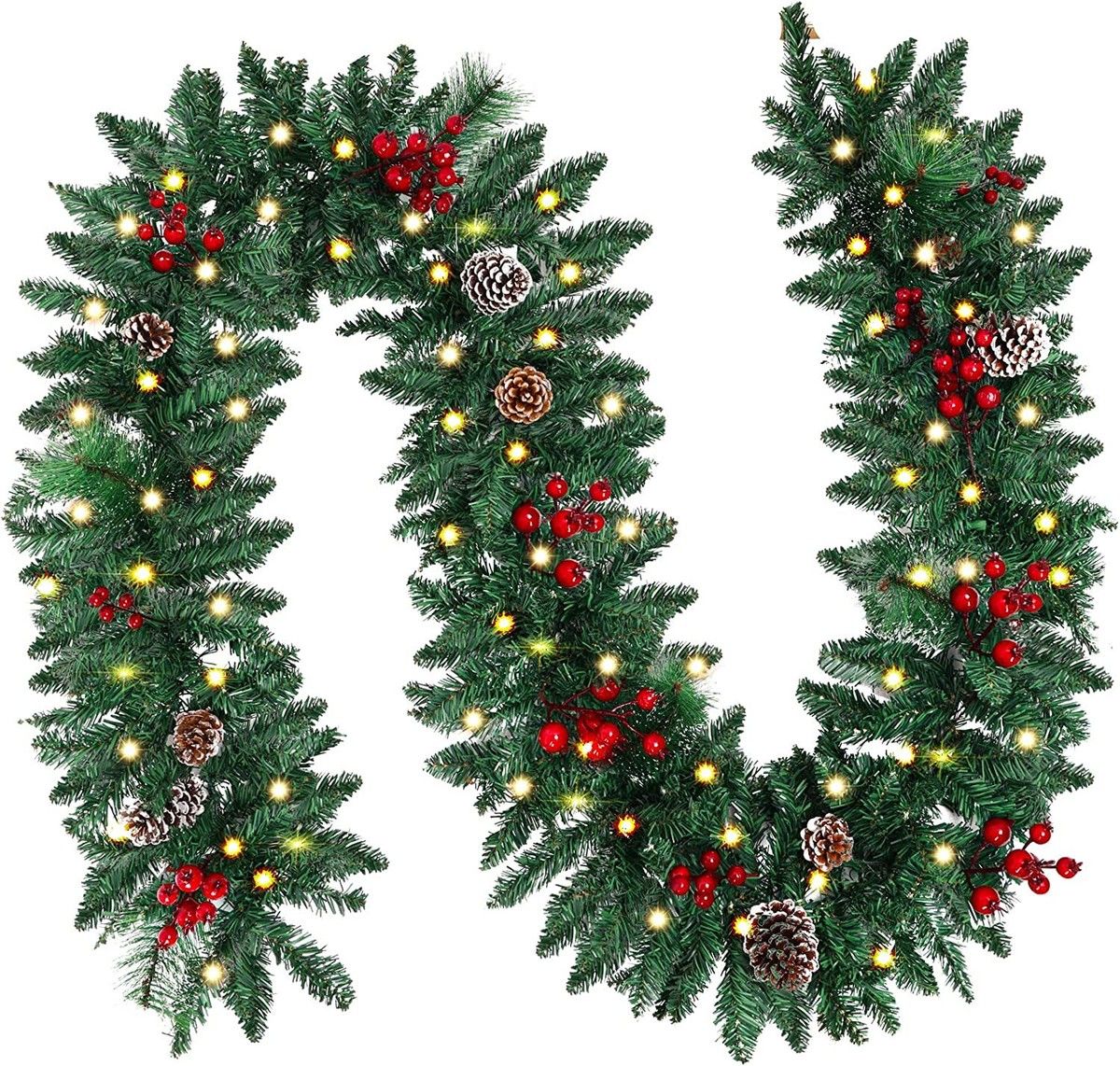Battery-Operated 2.7m Christmas Garland with Pine Cones and Berries for Holiday Party Xmas Decor