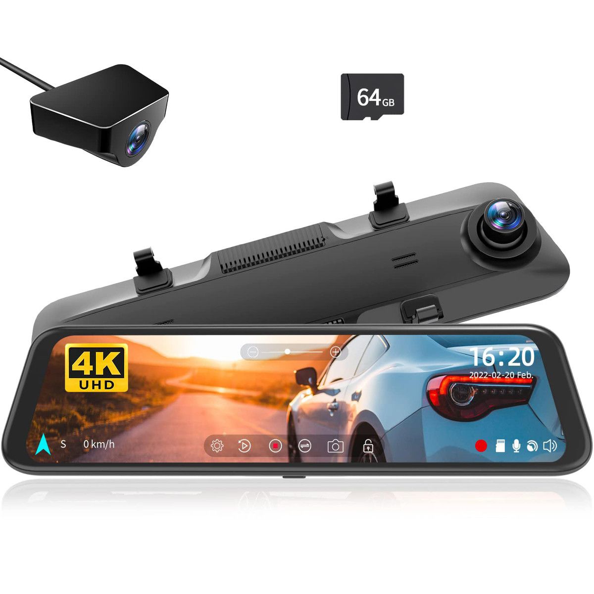4K Rear View Mirror Camera,12Inch Smart Full Touch Screen Mirror Dash Cam Front and Rear,Backup Camera with 1080P Rear Camera,Dash Cam with WDR Camera,64GB Card