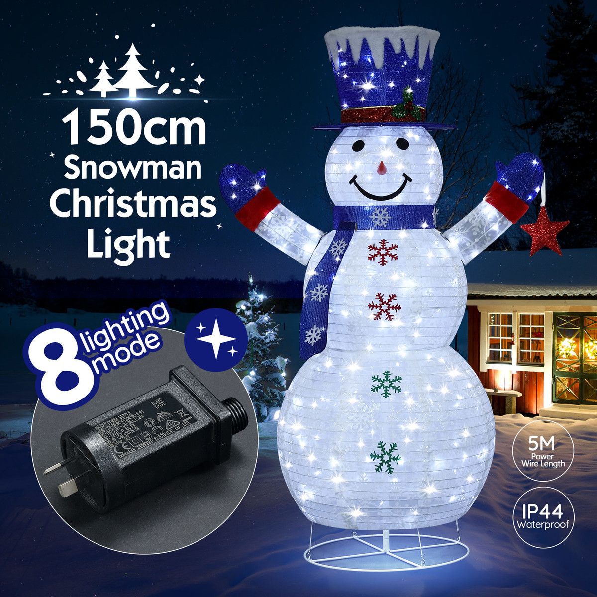 3D Snowman Christmas Light 150cm 200 LED Rope String Xmas Decoration Gift Festival Holiday Outdoor Figure Display Cold White Foldable 8 Modes