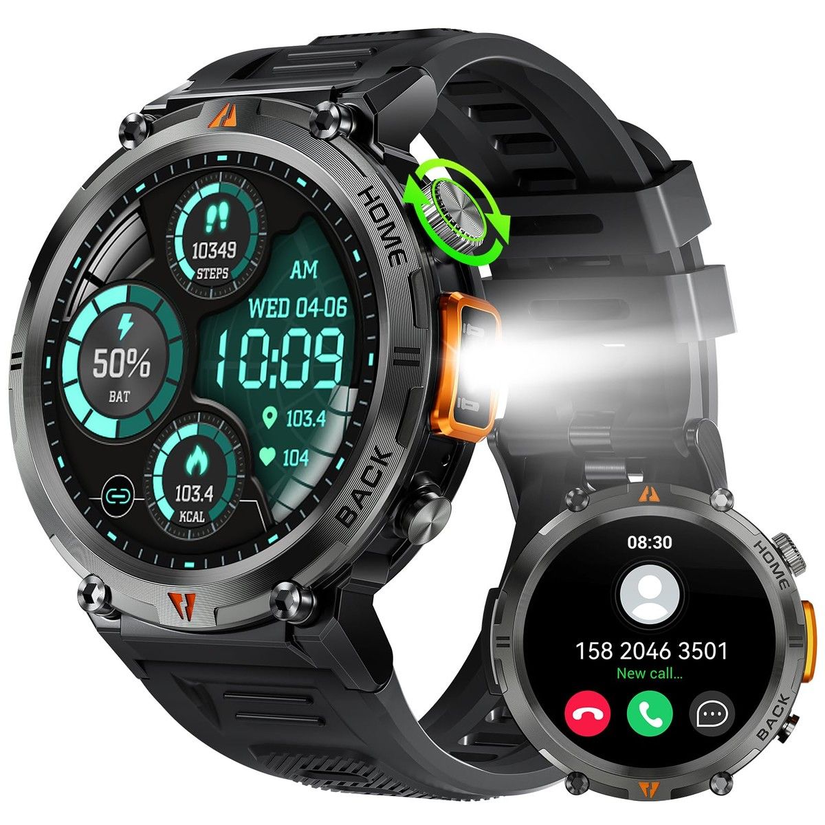 Smart Watch for Men (Call Receive/Dial) with LED Flashlight,1.45" HD Outdoor Tactical Rugged Smartwatch,Sports Fitness Tracker Watch with Heart Rate Sleep Monitor for iPhone Android Phone