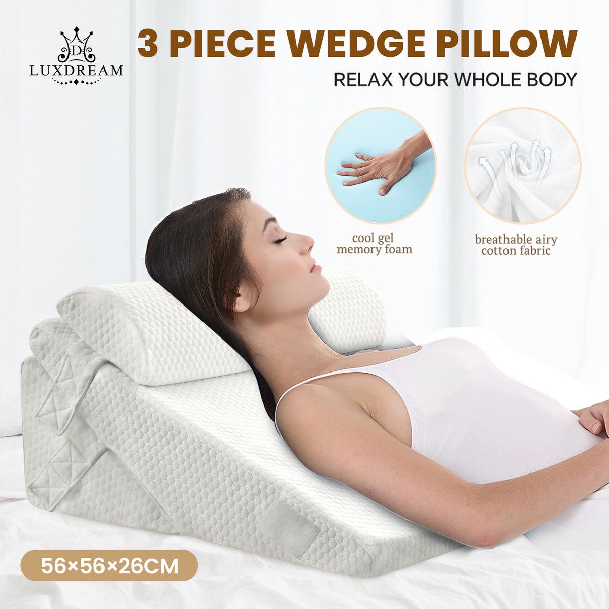 Bed Wedge Pillow Set Triangle Sofa Cushion Neck Back Head Knee Support Memory Foam Cool Gel Leg Elevation Pregnancy Side Sleep Adjustable