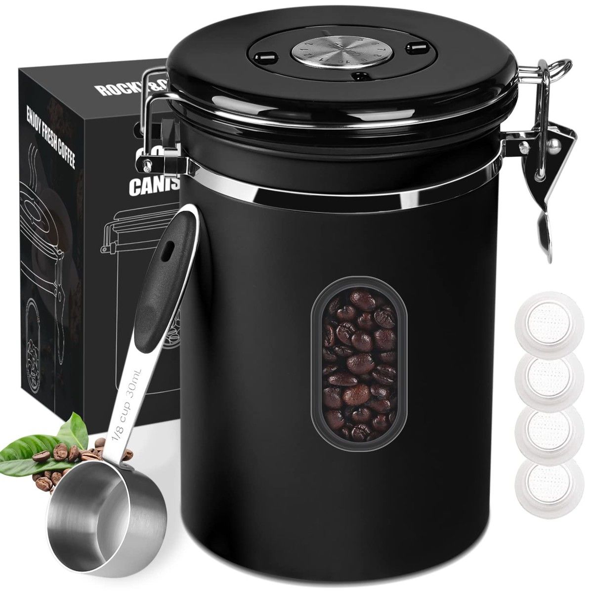 1800ML Airtight Coffee Canister with Date Tracker Transparent Window,22.8OZ Coffe Beans Storage with 30ML Measure Spoon&4 co2 Valve,Kitchen Food Storage Container (Black)