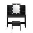 Modern Dressing Table Makeup Desk Vanity Table Stool Set with LED Lights Mirror Drawers-Black