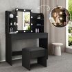 Modern Dressing Table Makeup Desk Vanity Table Stool Set with LED Lights Mirror Drawers-Black