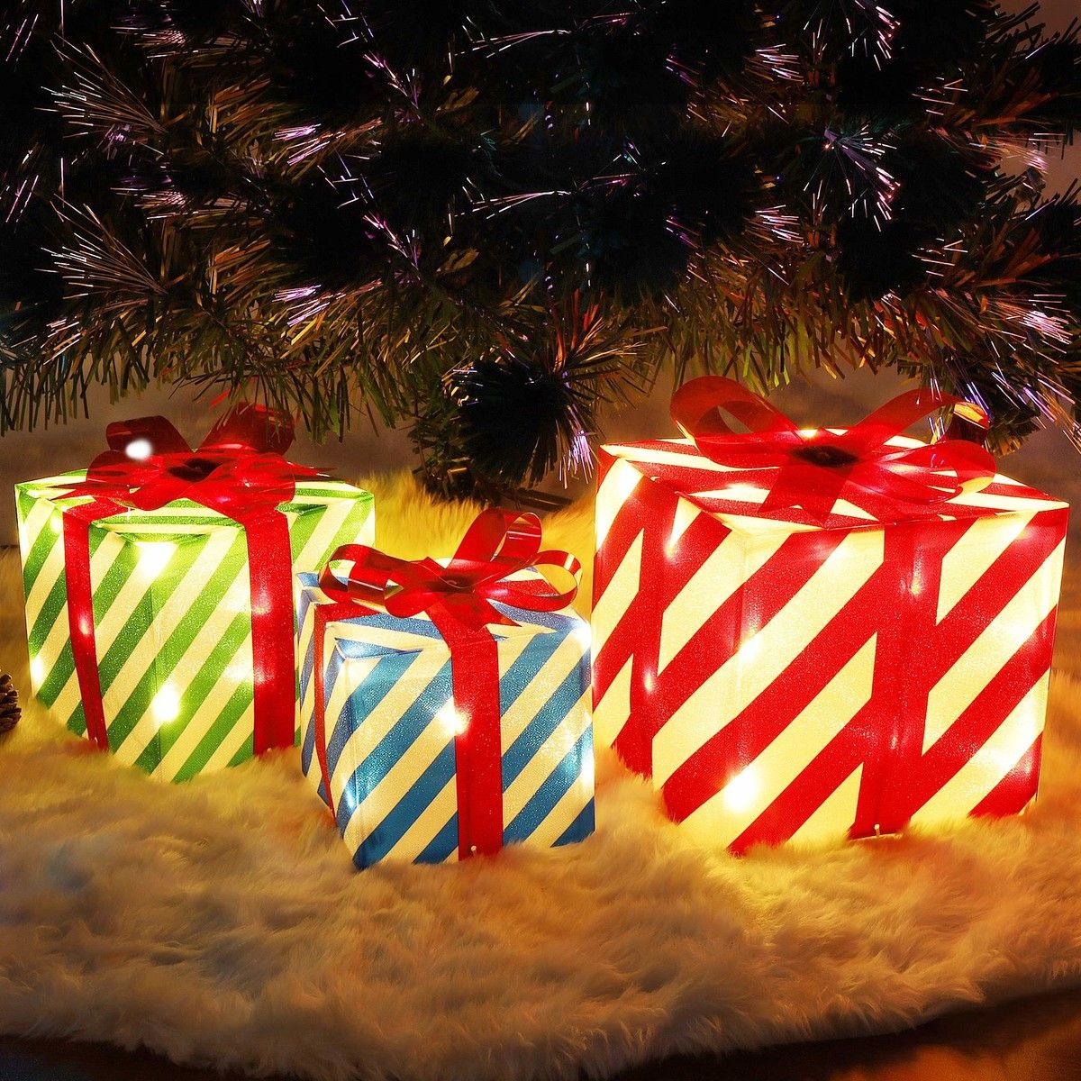 Set of 3 Lighted Gift PVC Boxes Christmas Decorations 60 LED Red Green and Blue Stripe Pre-lit Present Boxes Christmas Home Gift Box Decorations