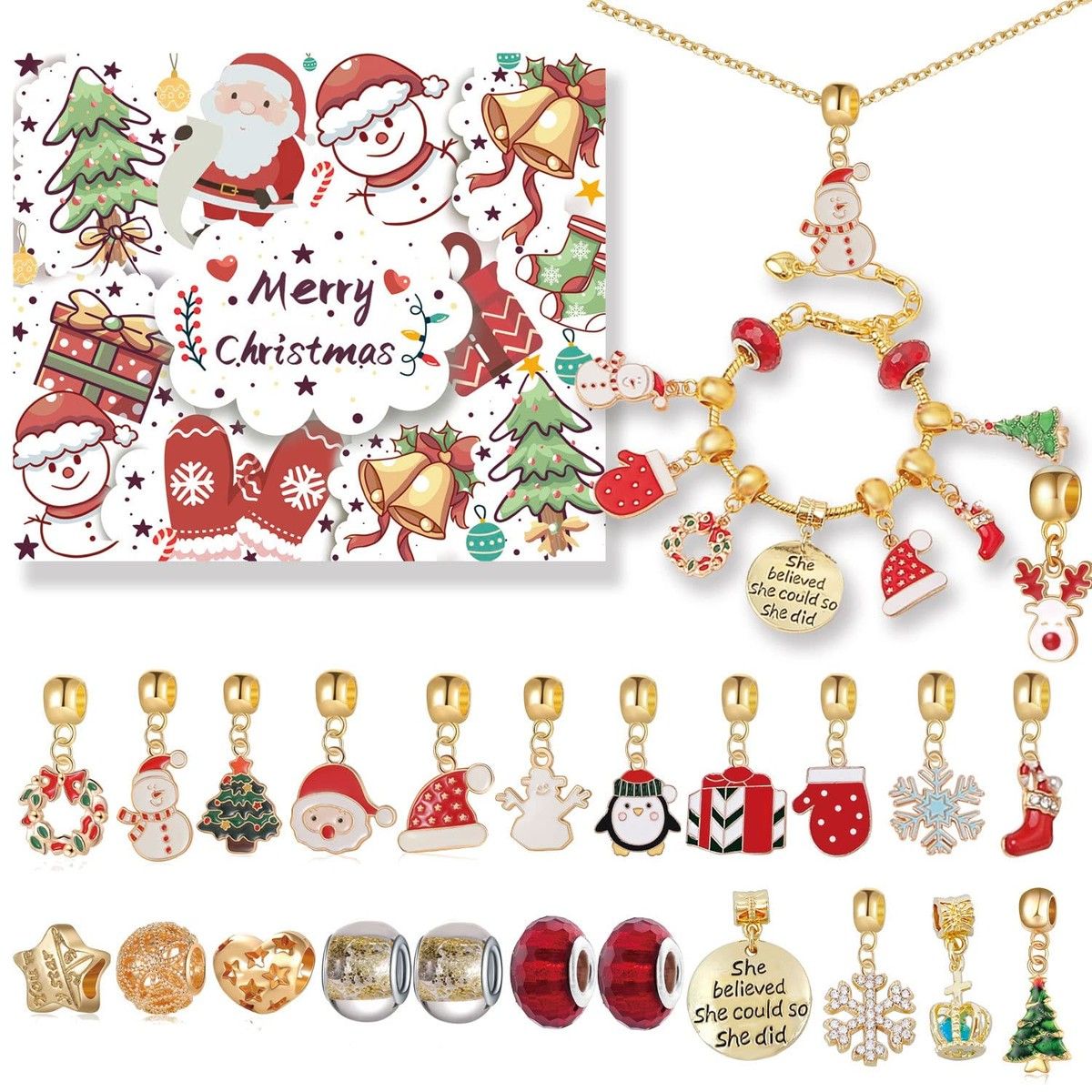 Advent Calendar Bracelet Necklace for Girls 24 Days Christmas Countdown Calendar DIY Jewelry Making Kit 22 Charm Beads 1 Bracelet 1 Necklace Xmas Gift for Kids