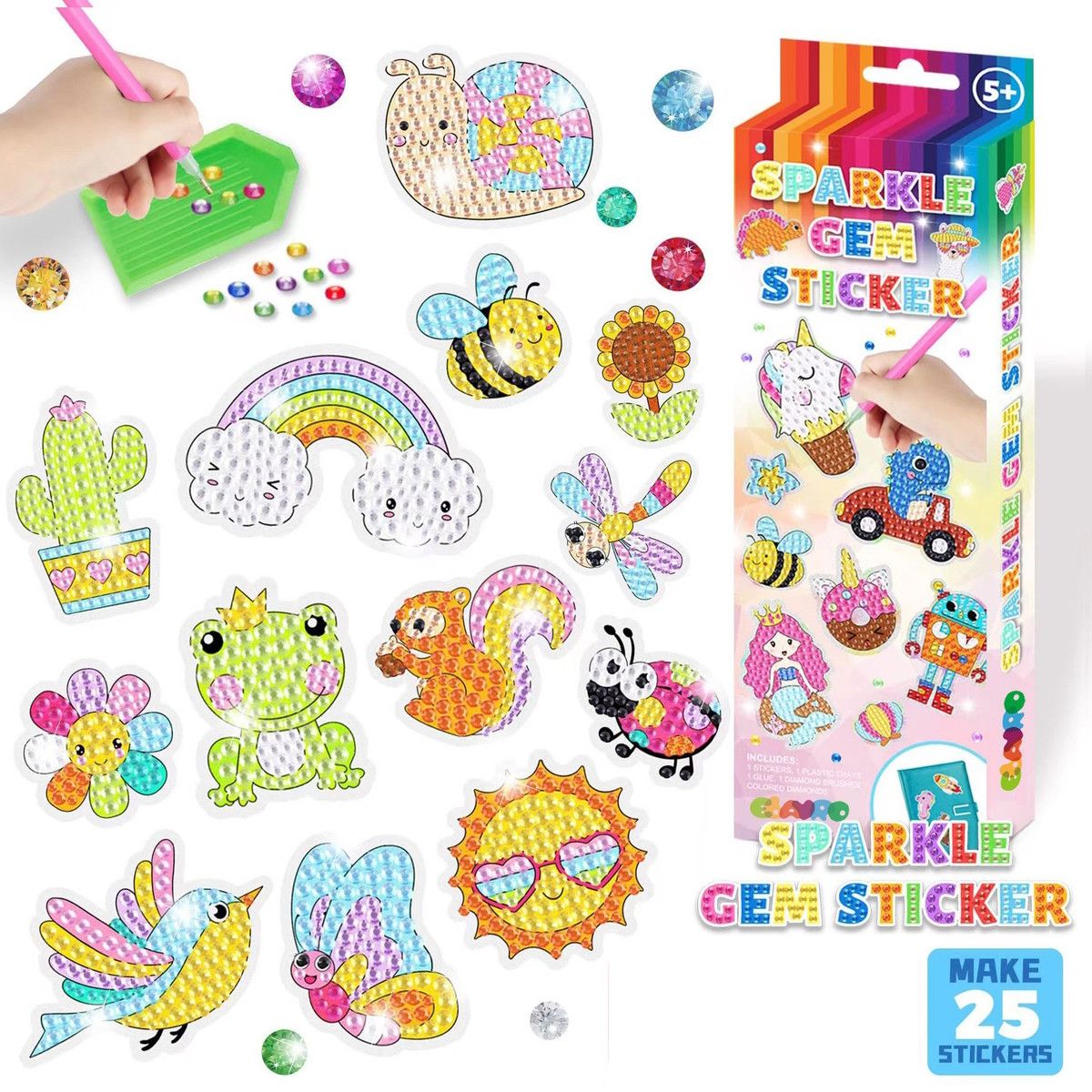 DIY Sparkle Gem Children's Kids 6 Stickers Cartoon Diamond Painting,Fun Arts and Crafts Kits Magical Art 19x19cm Garden