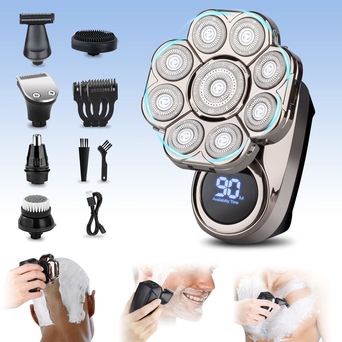9D Electric Head Shaver,6-in-1 Head Shaver,Waterproof Wet/Dry Grooming Kit Electric Shaver,Cordless Rechargeable Bald Head Razor