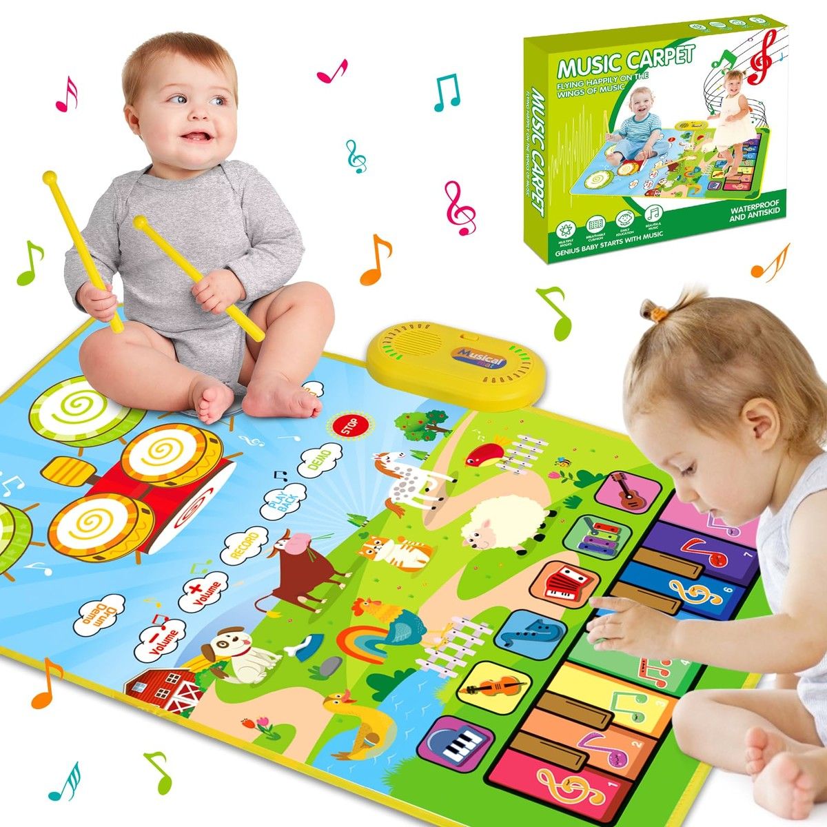 Piano Mat Musical Drum 3in1 Educational Toys Kids Animal Touch Play Blanket Early Learning Sticks Ages 3+ Fun Activity