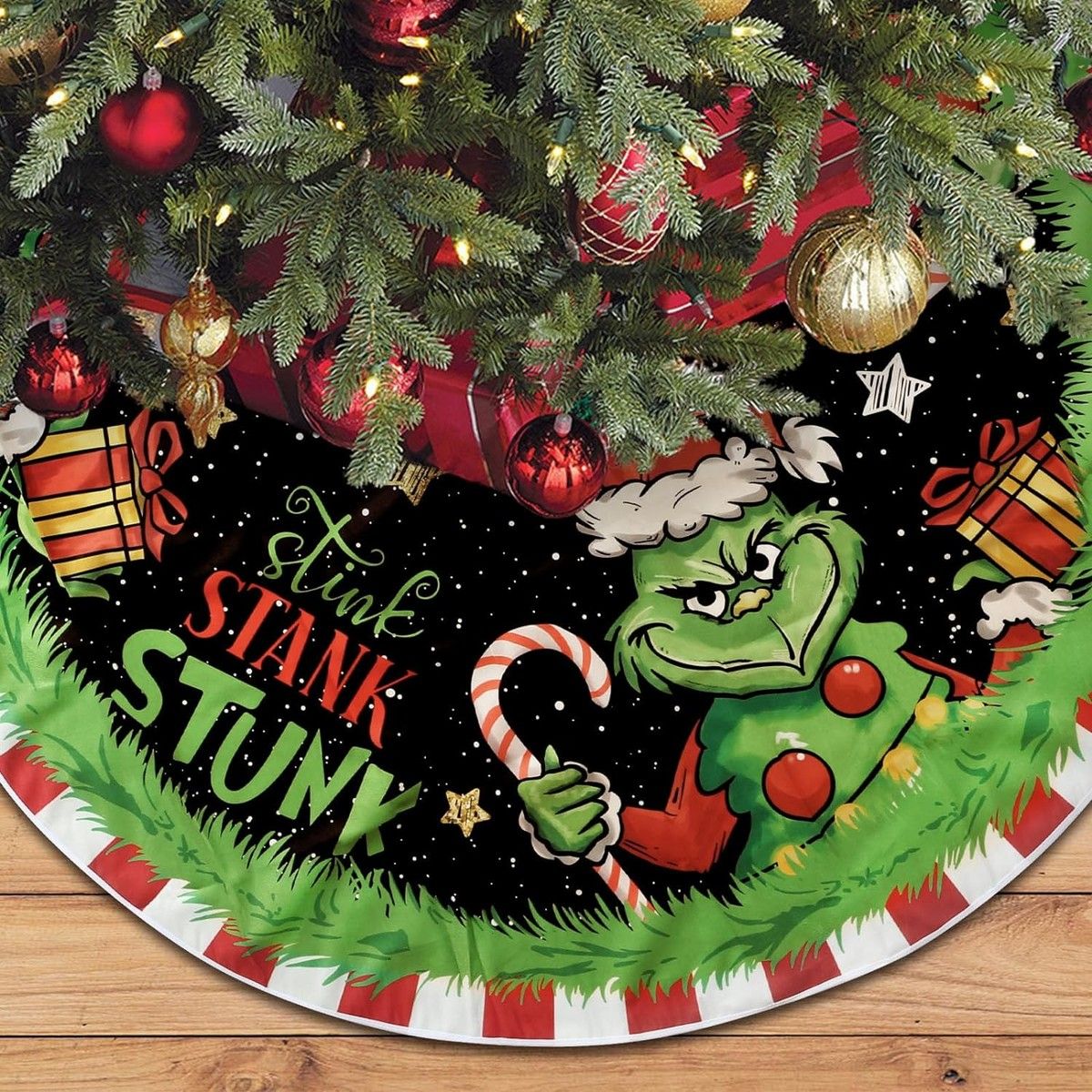 48 Inch Grinch Christmas Tree Skirt Red and Green Plaid Xmas Holiday Party Decor
