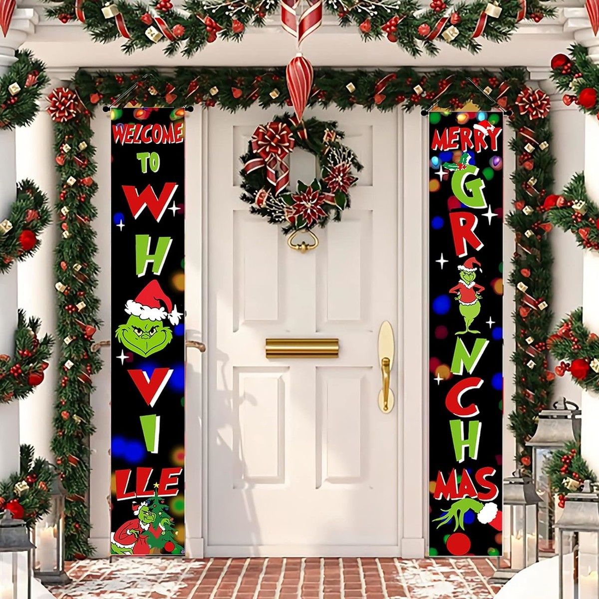thumbnail interactive-video image 1 of Grinch Christmas Decorations – Large Hanging Porch Sign Door Banner, Merry Grinchmas, Fabric, Multicolor, Animated Holiday Theme 1 of 4