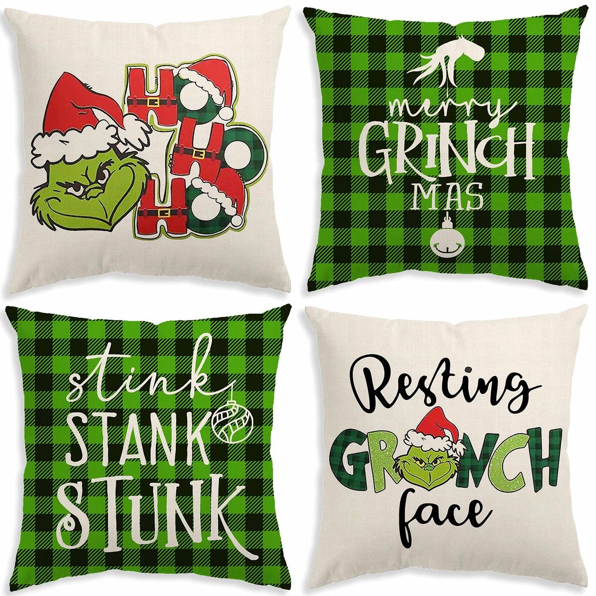 Christmas Pillow Covers 18x18 Set of 4 for Grinchmas Christmas Pillows Decorations Xmas Farmhouse Decor for Porch Decor,Couch,Bed