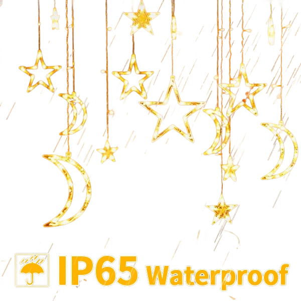 3.5m Solar Lights Outdoor Moons Stars PVC String Lights Solar Curtain Lights USB Rechargeable Remote Fairy Lights for Patio Gazebo Porch Warm Color