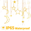 3.5m Solar Lights Outdoor Moons Stars PVC String Lights Solar Curtain Lights USB Rechargeable Remote Fairy Lights for Patio Gazebo Porch Warm Color