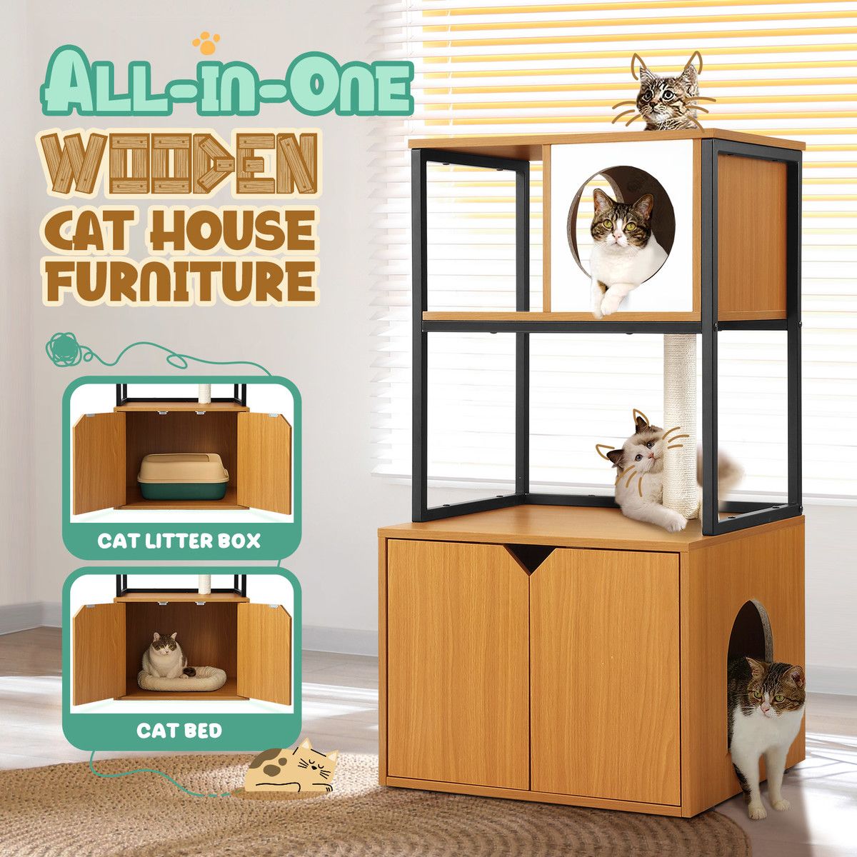 All In One Cat Tree Litter Box Enclosure Condo Scratching Post Climber Tower Kitty Play Gym House Pet Furniture Bed Perch Entrance Cabin Toilet Washroom