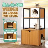 All In One Cat Tree Litter Box Enclosure Condo Scratching Post Climber Tower Kitty Play Gym House Pet Furniture Bed Perch Entrance Cabin Toilet Washroom