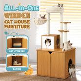 2 In 1 Cat Tree Litter Box Enclosure Scratching Post Tower Kitty Play House Pet Furniture Bed Condo Hammock Entrance Cabin Toilet Washroom