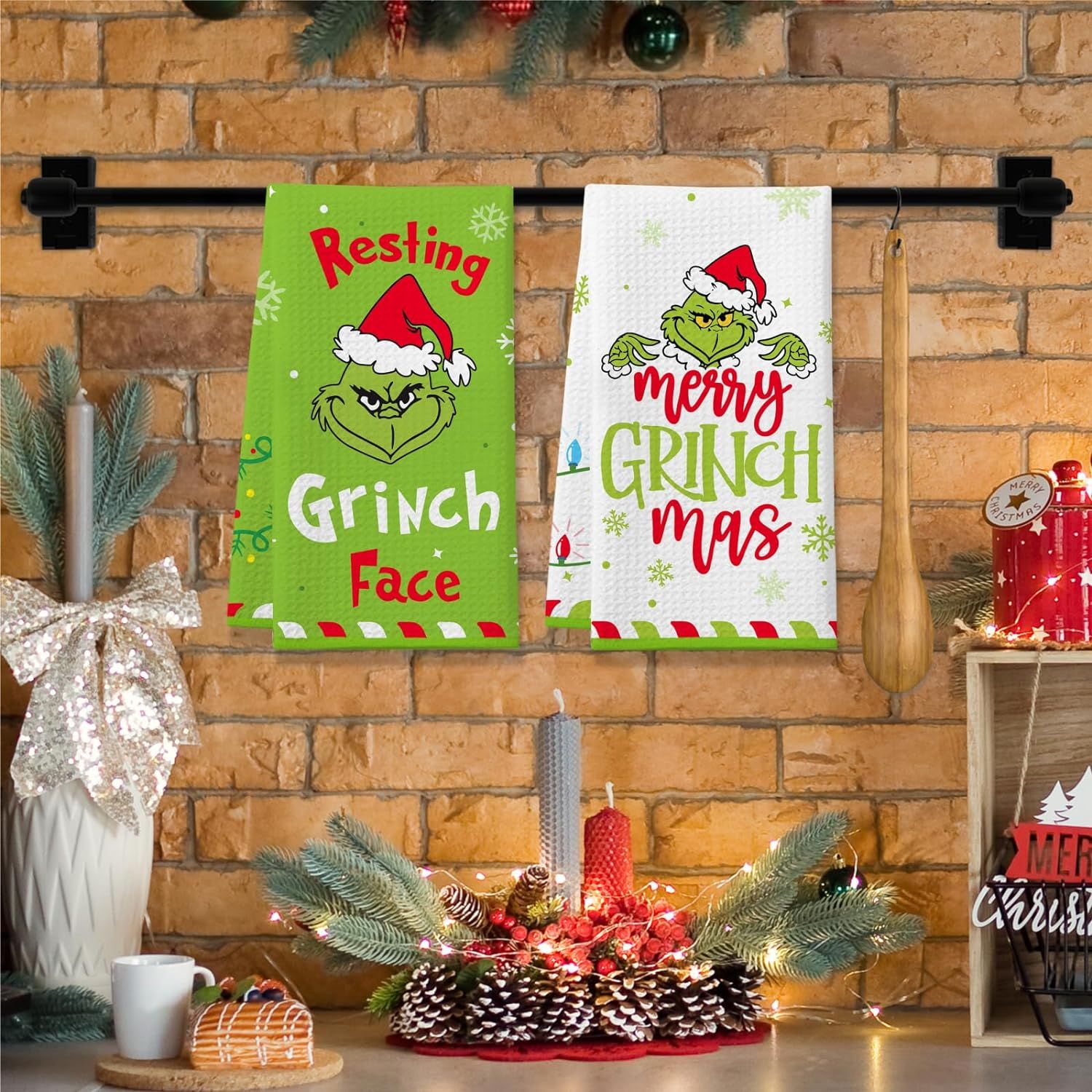 Christmas Grinch Kitchen Towels, 2 Pack Holiday Collection Dish Towels
